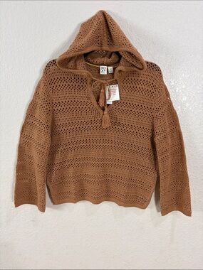 Roxy Women's ,Hippie Love,Size L,Hooded Crochet Pullover Sweater - Brown,